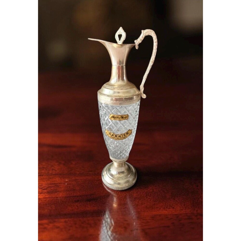 Vintage Garnier Liqueurs Decanter, Cut Glass Gilt Metal Pitcher, Italian Barware